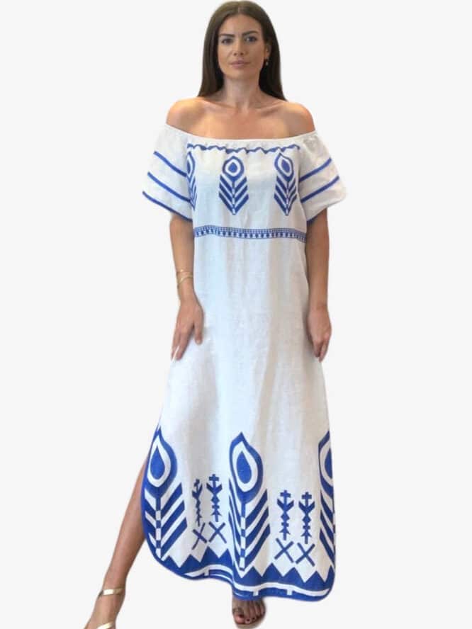 GREEK ARCHAIC KORI Off Shoulder Feather Linen Dress White