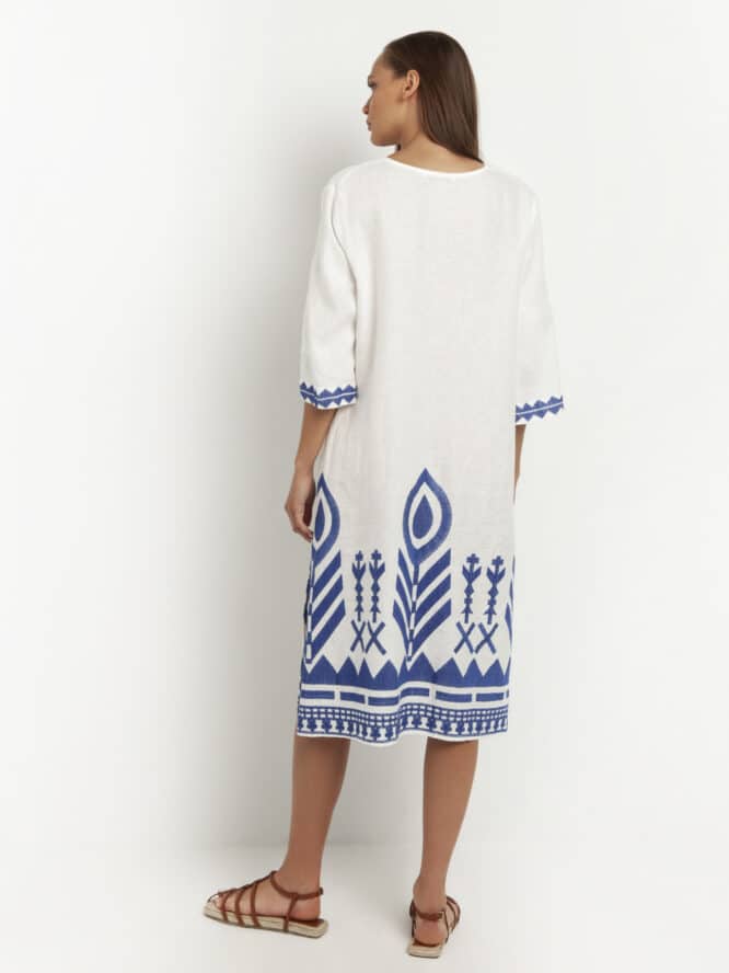 GREEK ARCHAIC KORI Embroidered 3 4 Sleeves Feather Dress White Royal Blue 3