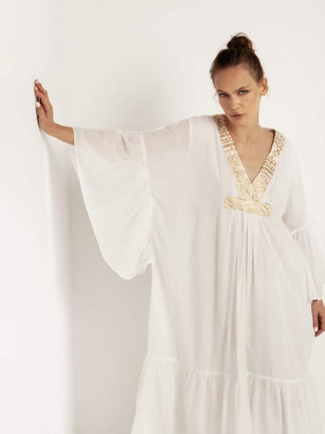 GREEK ARCHAIC KORI Long Cotton Kaftan New All Over White Gold 1