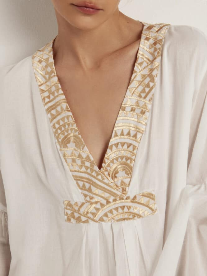 GREEK ARCHAIC KORI Long Cotton Kaftan New All Over White Gold 2