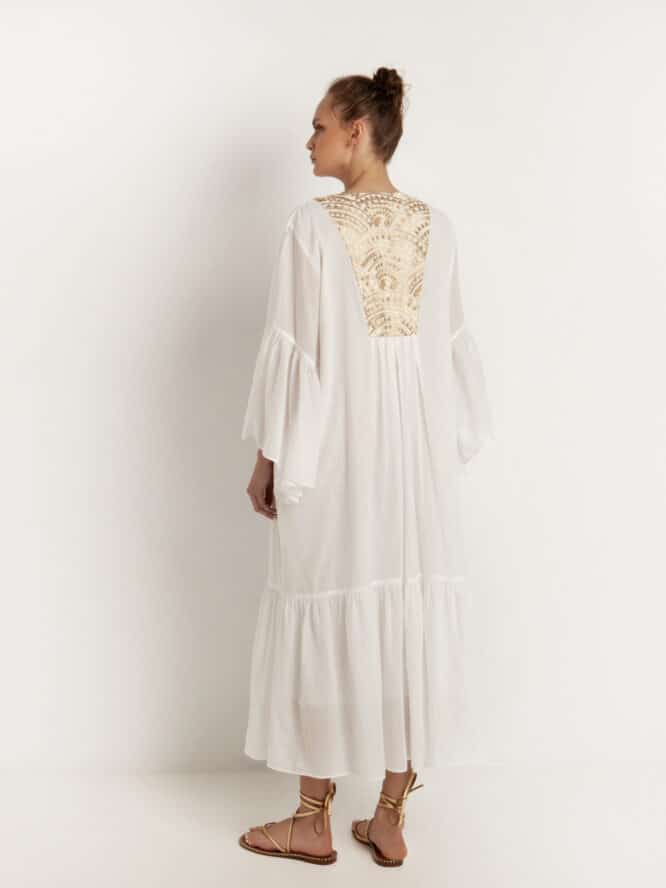 GREEK ARCHAIC KORI Long Cotton Kaftan New All Over White Gold 3