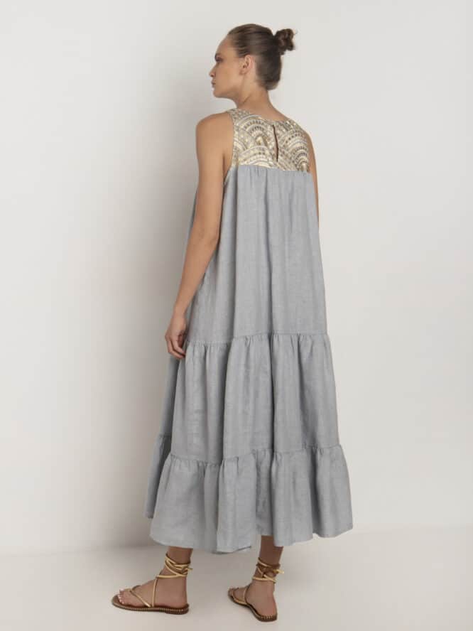 GREEK ARCHAIC KORI Long Dress Linen New All Over Light Grey Gold 2