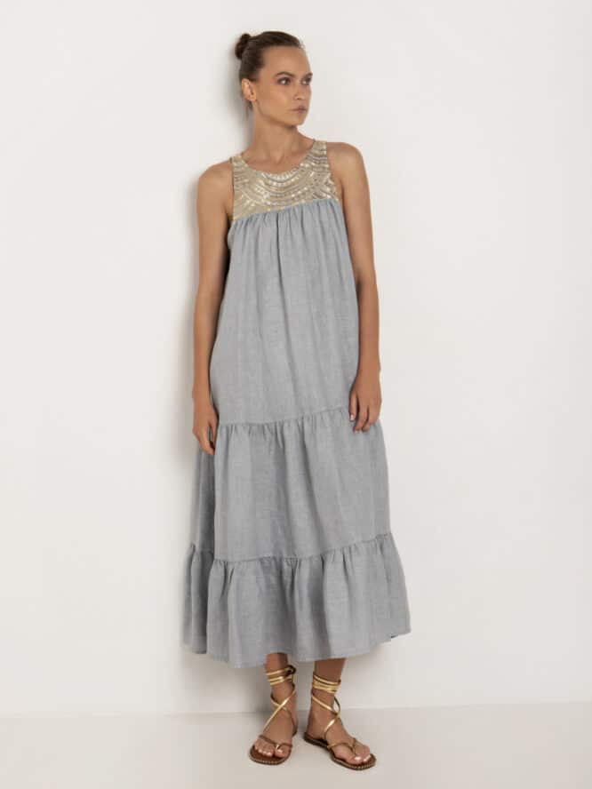 GREEK ARCHAIC KORI Long Dress Linen New All Over Light Grey Gold