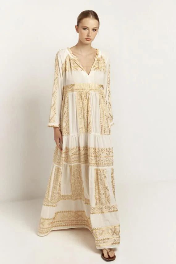 Greek Archaic Kori Embroidered Boho Maxi Dress White